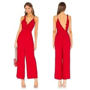 KEEPSAKE Forget You Jumpsuit Cherry Red V-Neck Sleeveless Wide Leg Asymmetrical